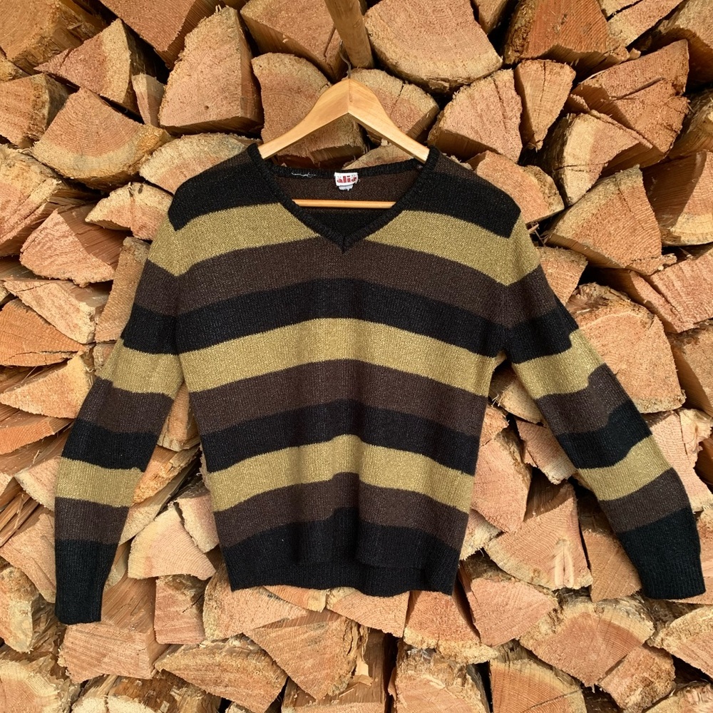 Striped V-Neck Pullover Sweater Brown Gold Sparkle Size Small